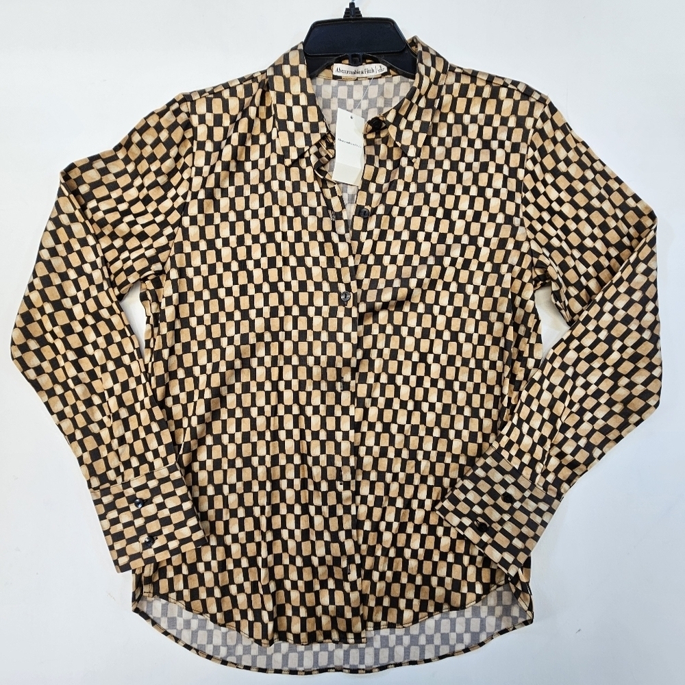 Abercrombie & Fitch Long Sleeve Satin Checkered Pattern NWT Blouse Size Small